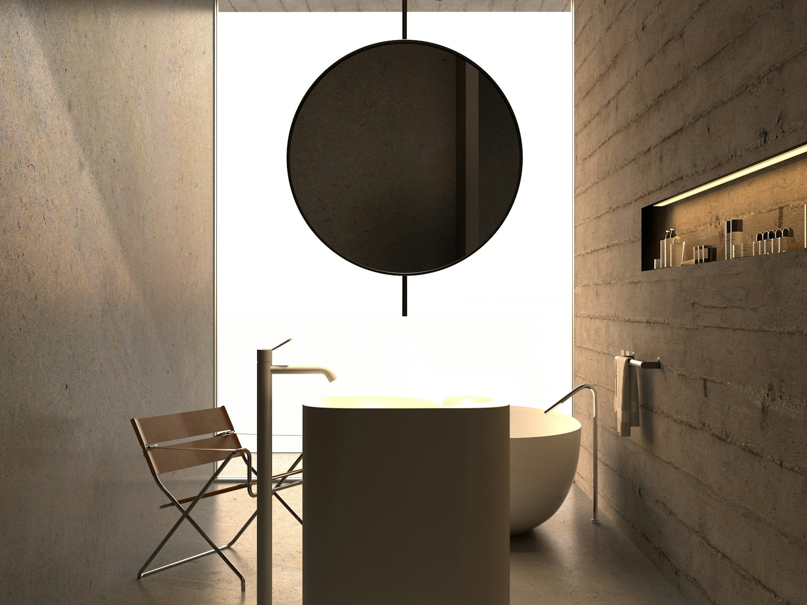 A modern bathroom with a round bath tub